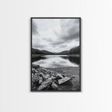 Misty Lake View, Peaceful Reflections, Nature Tranquility, Framed Canvas Print, Bedroom Wall Art, Black and White Landscape, Minimalist Art