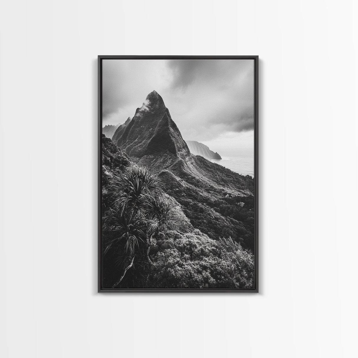 Lush Mountain Range, Cloud Covered Peaks, Jungle Tranquility, Framed Canvas Print, Entryway Wall Art, Black and White Nature, Boho Wall Art
