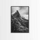 Lush Mountain Range, Cloud Covered Peaks, Jungle Tranquility, Framed Canvas Print, Entryway Wall Art, Black and White Nature, Boho Wall Art