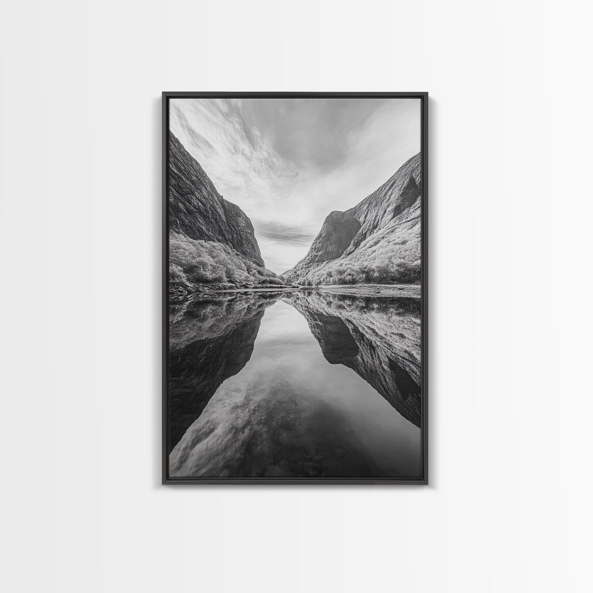 Fjord Reflection, Mountain Valley Calm, Mirror Lake, Canvas Print, Hallway Wall Art, Scandinavian Style Art, Black and White Minimalist