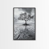 Lonely Tree, Coastal Roots, Ocean Breeze, Framed Canvas Print, Entryway Wall Art, Moody Nature Photography, Minimalist Earth Tones