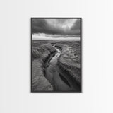 Winding Stream, Grassy Dunes, Ocean Horizon, Canvas Print, Kitchen Wall Art, Black and White Nature Scene, Coastal Rustic Decor