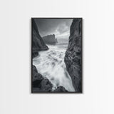 Stormy Coast, Crashing Waves, Ocean Drama, Framed Canvas Print, Living Room Wall Art, Bold Seascape Photography, Monochrome Modern Art