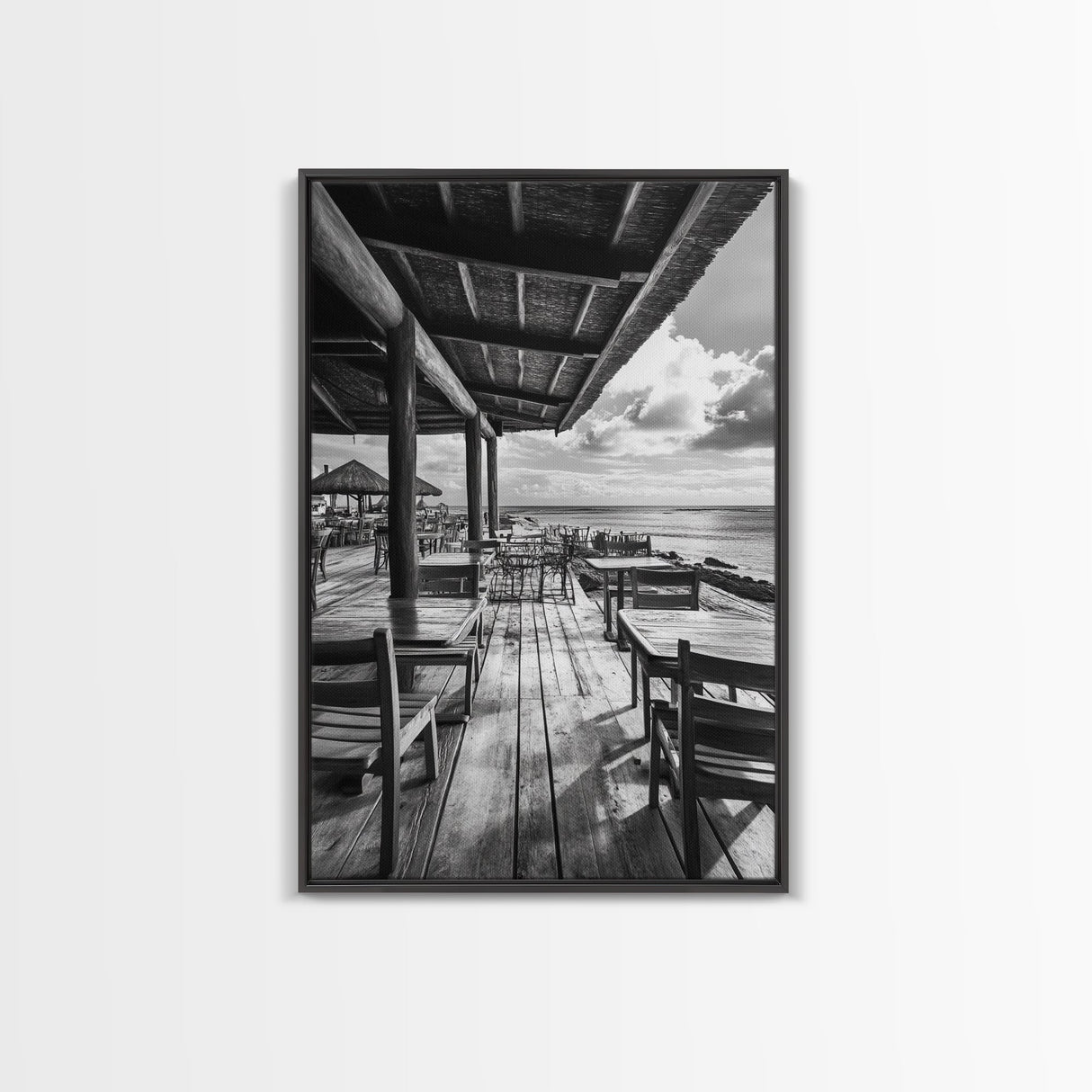 Seaside Café, Coastal Patio, Ocean View, Canvas Print, Rustic Kitchen Wall Art, Tropical Dining Decor, Travel Lifestyle Art