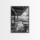 Seaside Café, Coastal Patio, Ocean View, Canvas Print, Rustic Kitchen Wall Art, Tropical Dining Decor, Travel Lifestyle Art