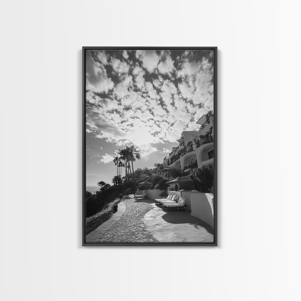 Mediterranean Villa, Palm Tree Art, Coastal Pathway, Framed Canvas Print, Living Room Decor, Summer Wall Art, Black and White Photography