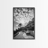 Mediterranean Villa, Palm Tree Art, Coastal Pathway, Framed Canvas Print, Living Room Decor, Summer Wall Art, Black and White Photography