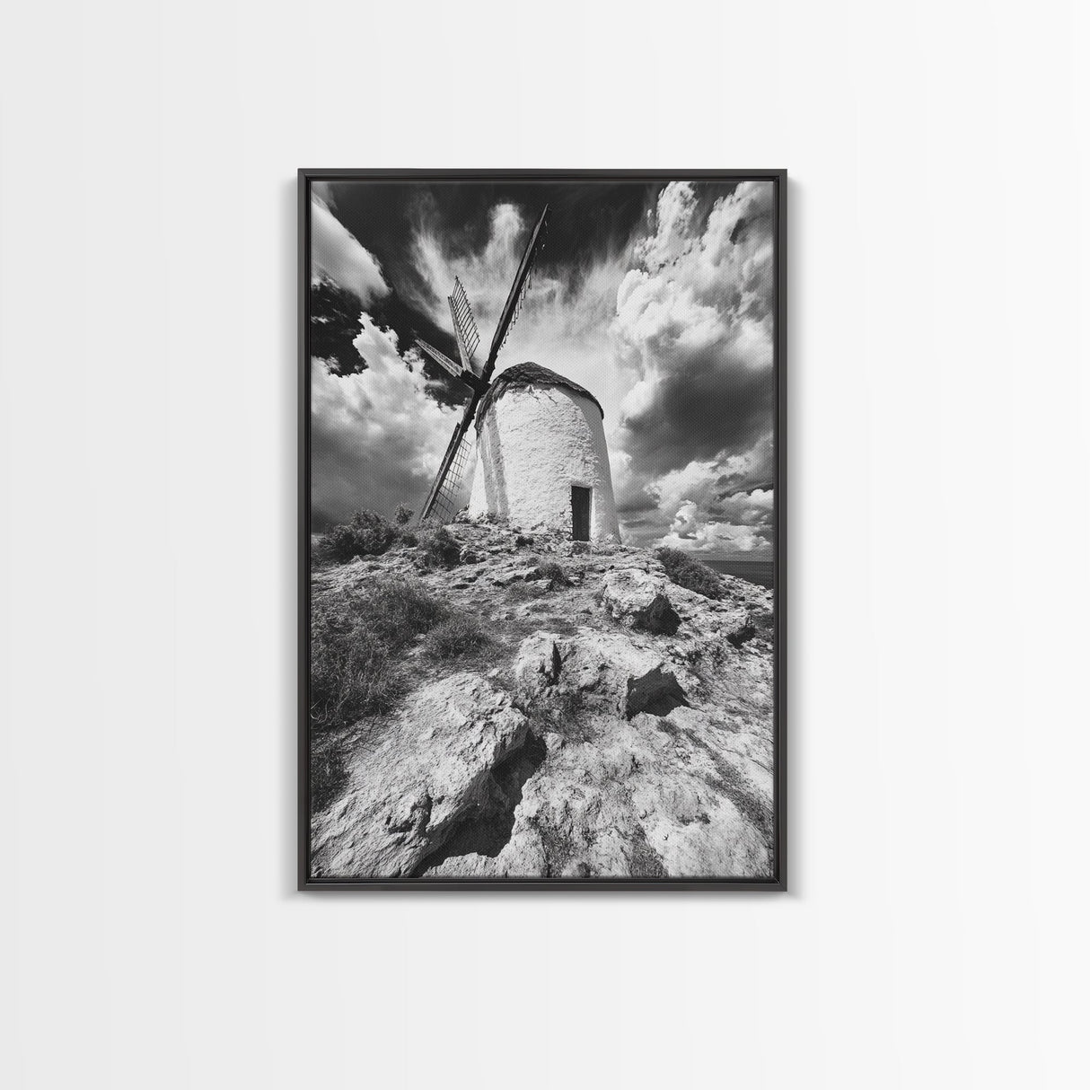 Windmill Hill, Dramatic Sky Art, European Landscape, Framed Canvas Print, Entryway Wall Art, Rustic Decor, Monochrome Photography
