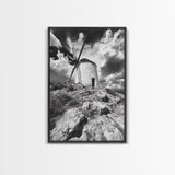 Windmill Hill, Dramatic Sky Art, European Landscape, Framed Canvas Print, Entryway Wall Art, Rustic Decor, Monochrome Photography