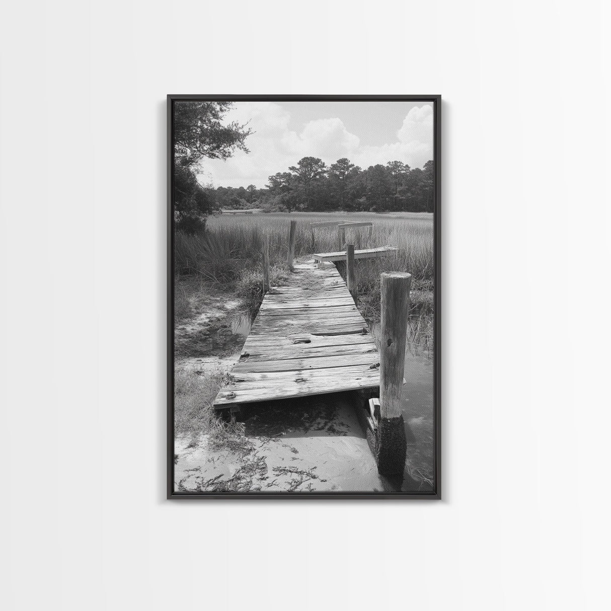 Marsh Dock, Southern Nature, Weathered Pier, Framed Canvas Print, Guest Room Wall Art, Rural Landscape, Fall Wall Art, Country Style