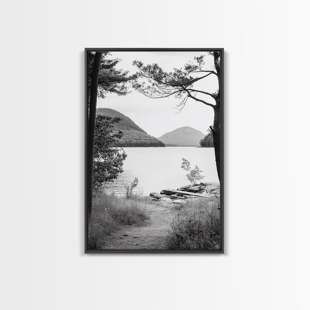 Forest Lake, Mountain View, Peaceful Trail, Framed Canvas Print, Cabin Decor, Fall Landscape, Living Room Art, Tranquil Nature Print