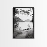 Forest Lake, Mountain View, Peaceful Trail, Framed Canvas Print, Cabin Decor, Fall Landscape, Living Room Art, Tranquil Nature Print