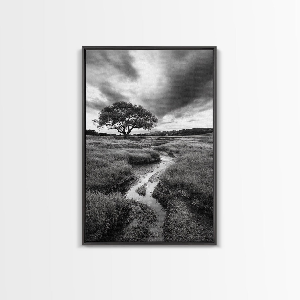 Solitary Tree, Storm Sky, Tranquil Meadow, Nature Landscape, Framed Canvas Print, Rustic Decor, Fall Wall Art, Bedroom Minimalist Art