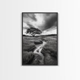Solitary Tree, Storm Sky, Tranquil Meadow, Nature Landscape, Framed Canvas Print, Rustic Decor, Fall Wall Art, Bedroom Minimalist Art
