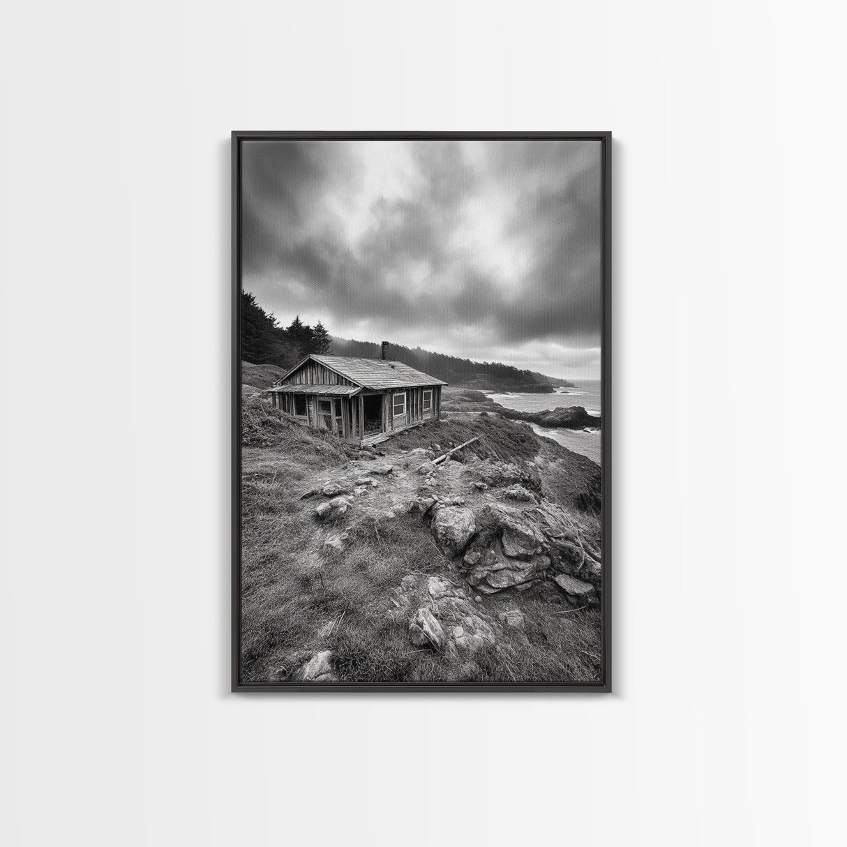 Abandoned Cabin, Coastal Cliff, Moody Landscape, Autumn Wall Art, Framed Canvas Print, Living Room Rustic Art, Farmhouse Aesthetic
