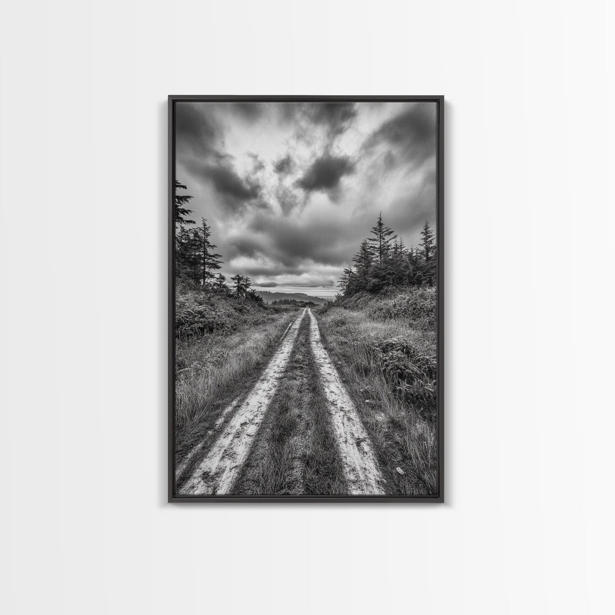 Forest Trail, Overcast Sky, Nature Pathway, Moody Landscape, Framed Canvas Print, Office Wall Art, Woodland Autumn Decor