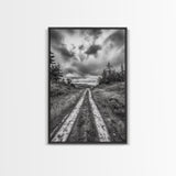 Forest Trail, Overcast Sky, Nature Pathway, Moody Landscape, Framed Canvas Print, Office Wall Art, Woodland Autumn Decor