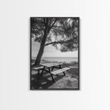 Seaside Bench, Peaceful Escape, Shaded Picnic, Canvas Print, nature photography, coastal wall art, relaxing ocean decor, Minimalist Decor