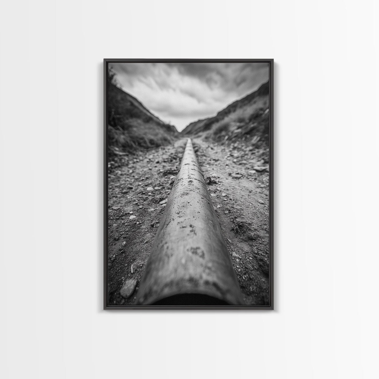 Industrial Line, Utility Pipe, Grunge Road, Canvas Print, Black White Photography, Modern Loft Decor, Urban Wall Art, Minimalist Style