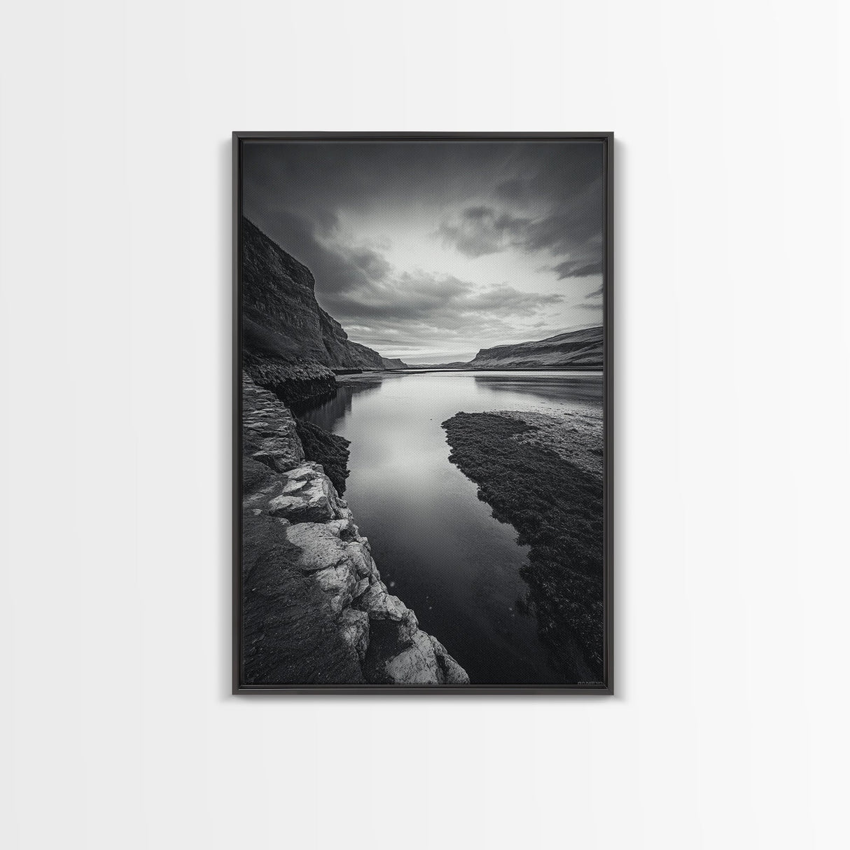 River Gorge, Twilight Reflections, Cliffside Calm, Canvas Print, Moody Black White Wall Art, Bedroom or Office Decor, Dramatic Landscape