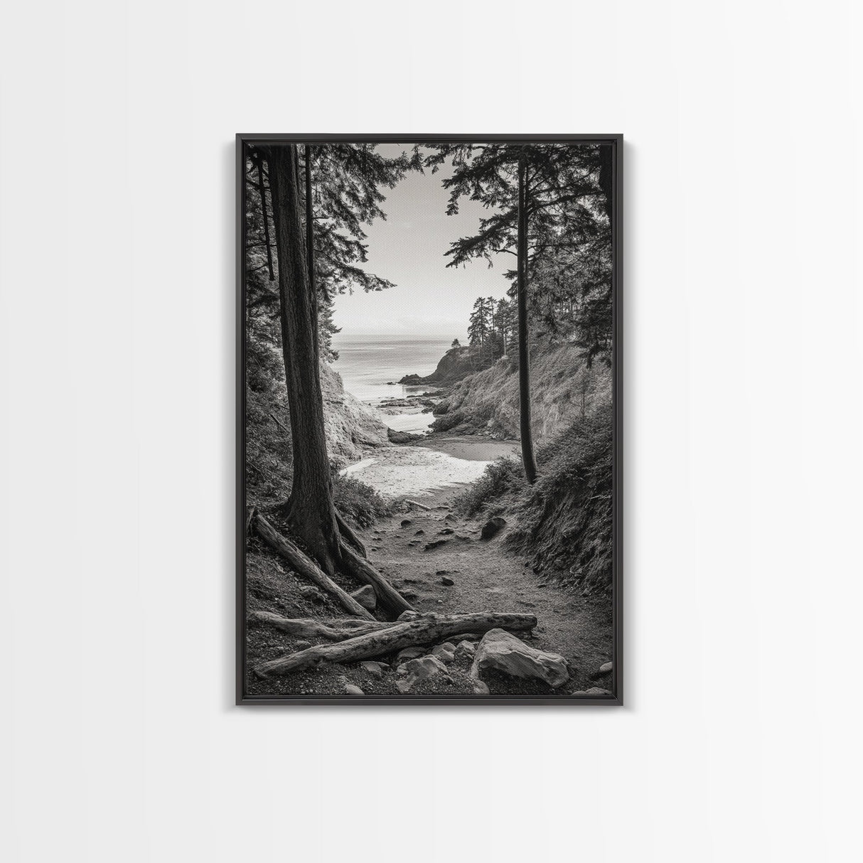 orest Cove, Ocean View, Pacific Trail, Framed Canvas Print, Coastal Nature Wall Art, Entryway Decor, Earthy Minimalist Photography