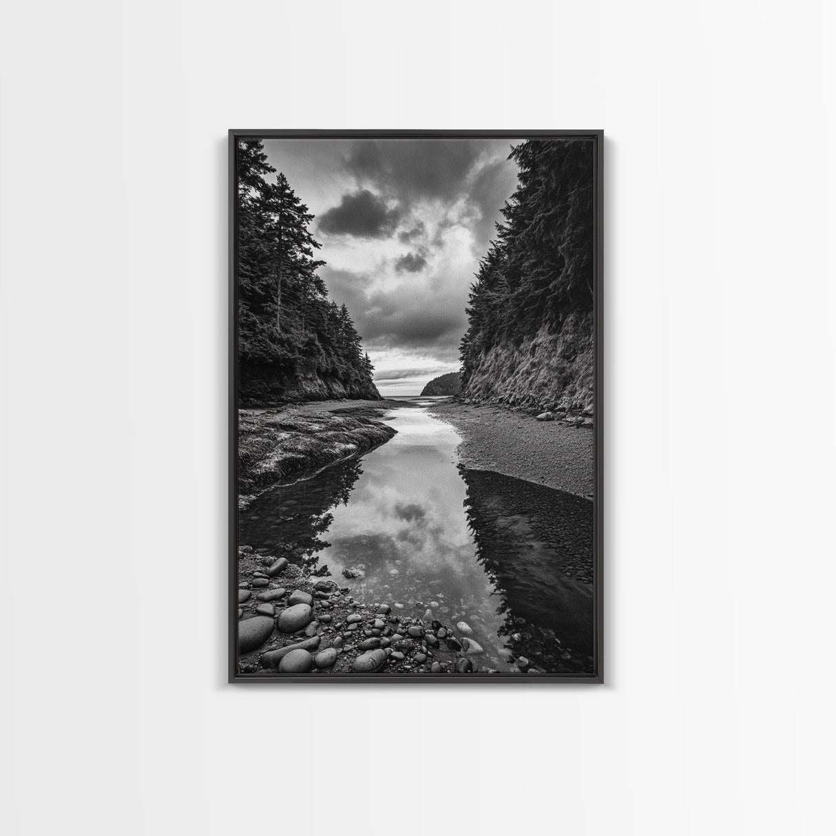 Tide Pool, Forest Reflection, Coastal Calm, Framed Canvas Print, Black White Nature Art, Bathroom or Bedroom Decor, Tranquil Scene