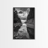 Tide Pool, Forest Reflection, Coastal Calm, Framed Canvas Print, Black White Nature Art, Bathroom or Bedroom Decor, Tranquil Scene