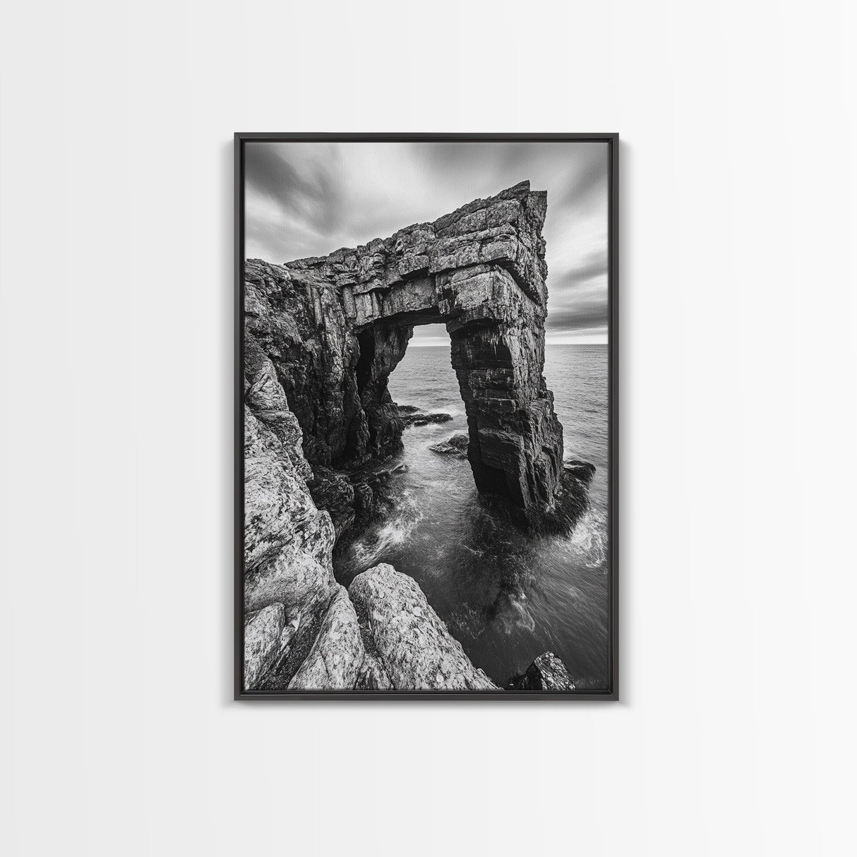 Sea Arch, Coastal Rock, Ocean Cliffside, Canvas Print, Dramatic Nature Wall Art, Living Room or Office Decor, Black White Seascape