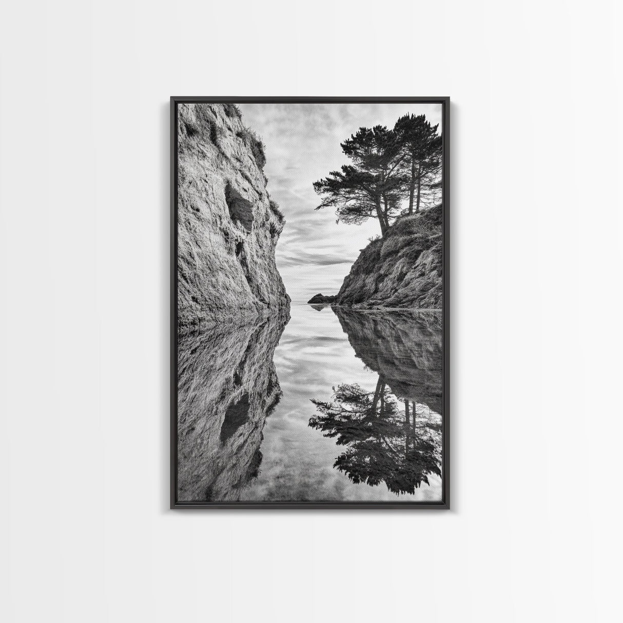 Reflected Trees, Peaceful Cove, Monochrome Seascape, Tranquil Decor, Framed Canvas Print, Zen Wall Art, Entryway Print, Coastal Calm