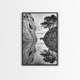 Reflected Trees, Peaceful Cove, Monochrome Seascape, Tranquil Decor, Framed Canvas Print, Zen Wall Art, Entryway Print, Coastal Calm