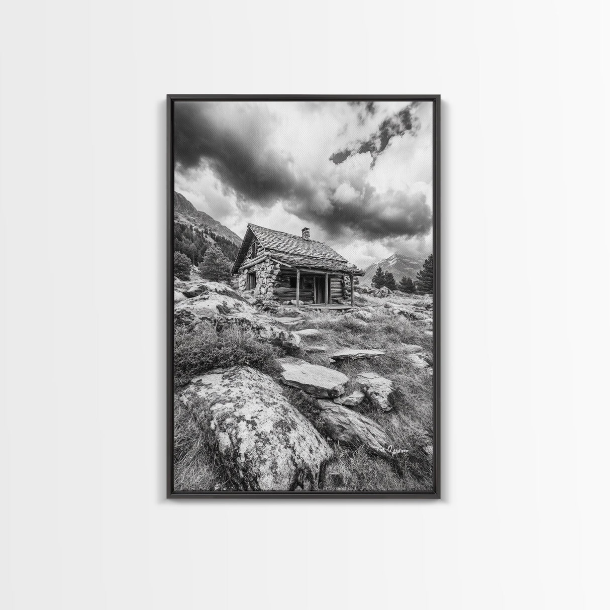 Rustic Cabin, Mountain Hideaway, Stormy Sky, Nature Lodge Decor, Framed Canvas Print, Autumn Vibes, Cozy Wall Art, Rustic Home Style