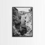 Mountain Gorge, Rugged Canyon, Flowing Stream, Wilderness Explorer, Framed Canvas Print, Cabin Wall Art, Adventurous Rustic Style
