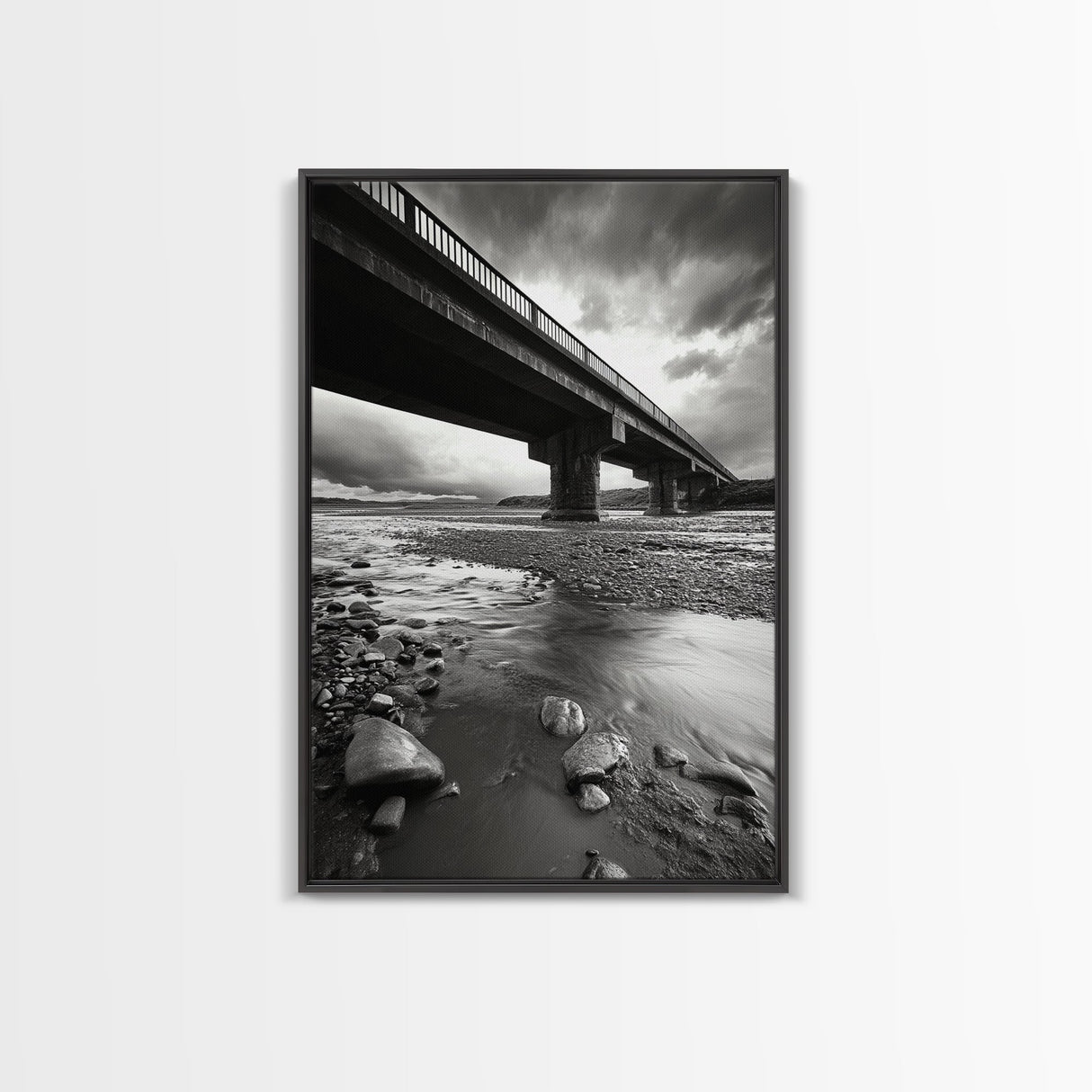 Stormy Bridge, River Rocks, Dramatic Sky, Modern Landscape, Framed Canvas Print, Moody Photography, Office Wall Art, Minimalist Decor