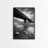 Stormy Bridge, River Rocks, Dramatic Sky, Modern Landscape, Framed Canvas Print, Moody Photography, Office Wall Art, Minimalist Decor