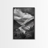 Mountain Valley, Rainbow River, Forest Panorama, Cloud Drama, Framed Canvas Print, Living Room Wall Art, Tranquil Nature, Scenic Beauty