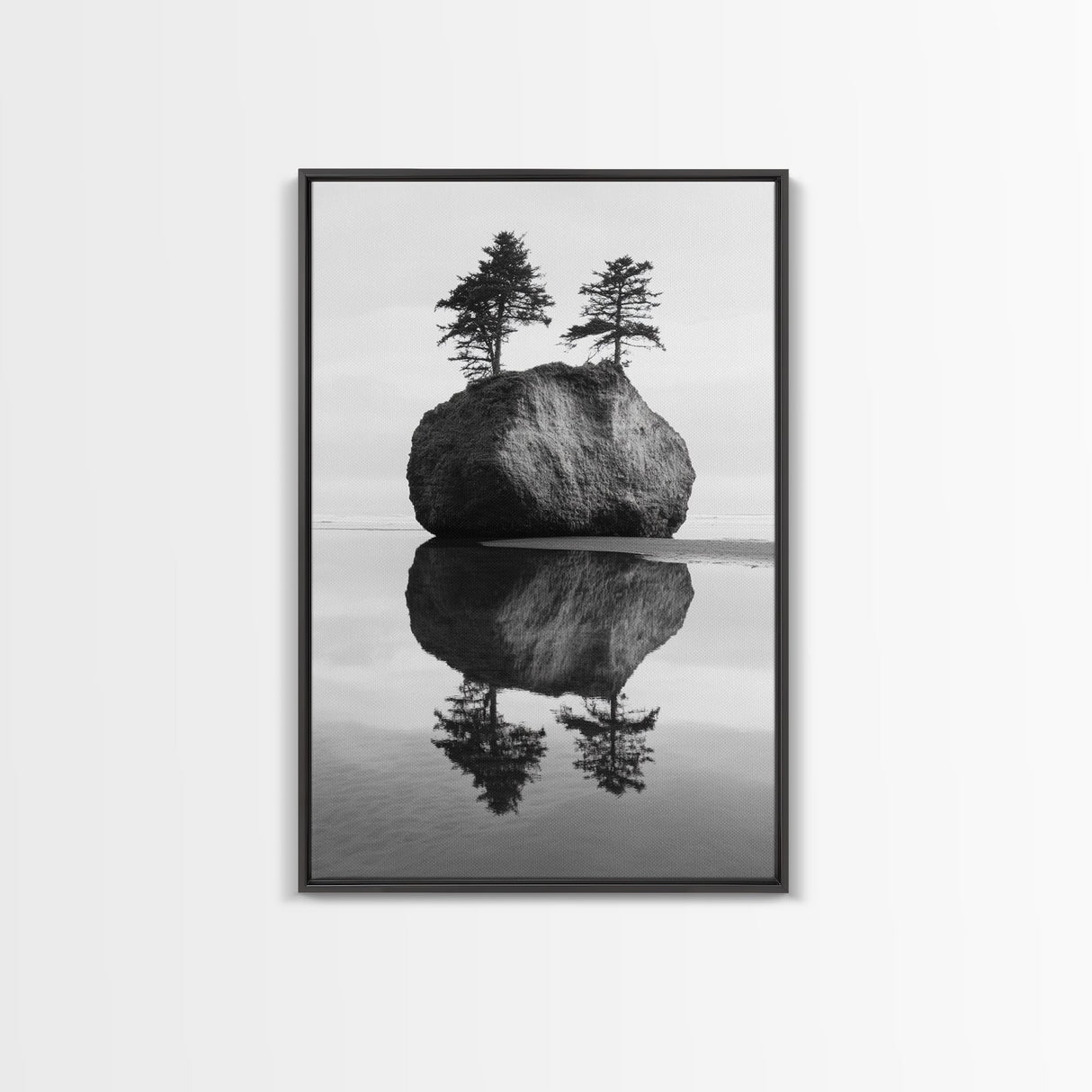 Island Reflection, Twin Trees, Still Water, Minimal Seascape, Framed Canvas Print, Bedroom Wall Art, Zen Decor, Black and White Art