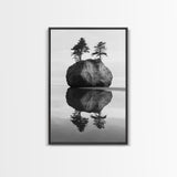 Island Reflection, Twin Trees, Still Water, Minimal Seascape, Framed Canvas Print, Bedroom Wall Art, Zen Decor, Black and White Art