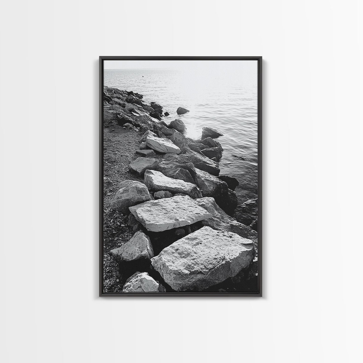 Shore Rocks, Sunlit Ocean, Rugged Texture, Minimal Horizon, Framed Canvas Print, Entryway Wall Art, Beach Decor, Neutral Tones