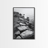 Shore Rocks, Sunlit Ocean, Rugged Texture, Minimal Horizon, Framed Canvas Print, Entryway Wall Art, Beach Decor, Neutral Tones