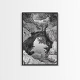 Reflective Rock Pool, Tranquil Nature, Monochrome Landscape, Black and White Framed Canvas Print, Minimalist Bathroom or Spa Wall Art