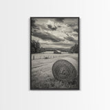 Autumn Hay Bale, Farm Field Scene, Country Landscape, Black and White Canvas Print, Rustic Kitchen or Fall Living Room Wall Art
