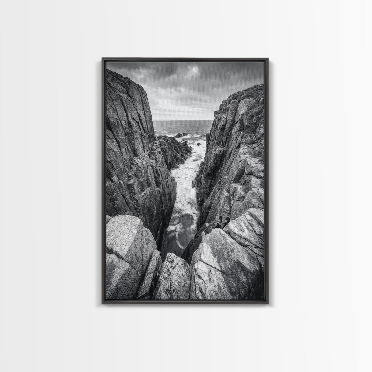 Ocean Cliff Pass, Rugged Coastal Rocks, Nature Power, Monochrome Framed Canvas Print, Moody Bathroom or Masculine Office Art