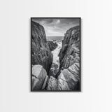 Ocean Cliff Pass, Rugged Coastal Rocks, Nature Power, Monochrome Framed Canvas Print, Moody Bathroom or Masculine Office Art