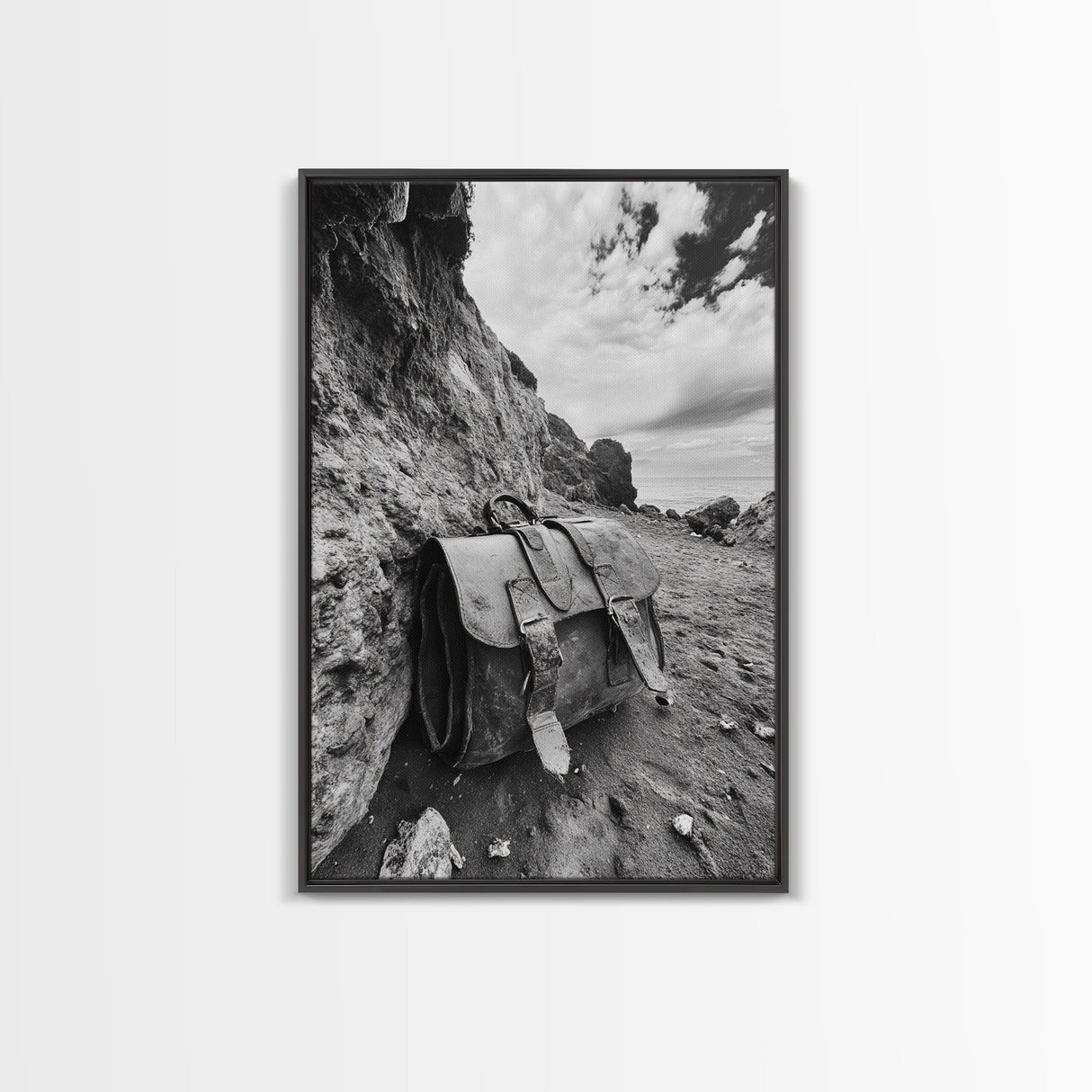 Deserted Leather Satchel, Coastal Adventure, Weathered Texture, Black and White Canvas Print, Vintage Office or Studio Wall Art