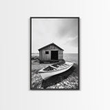 Shore Cabin, Rowboat Rest, Coastal Cabin, Serene Shoreline, Canvas Print, Lake House Wall Art, Rustic Decor, Living Room Seaside Art