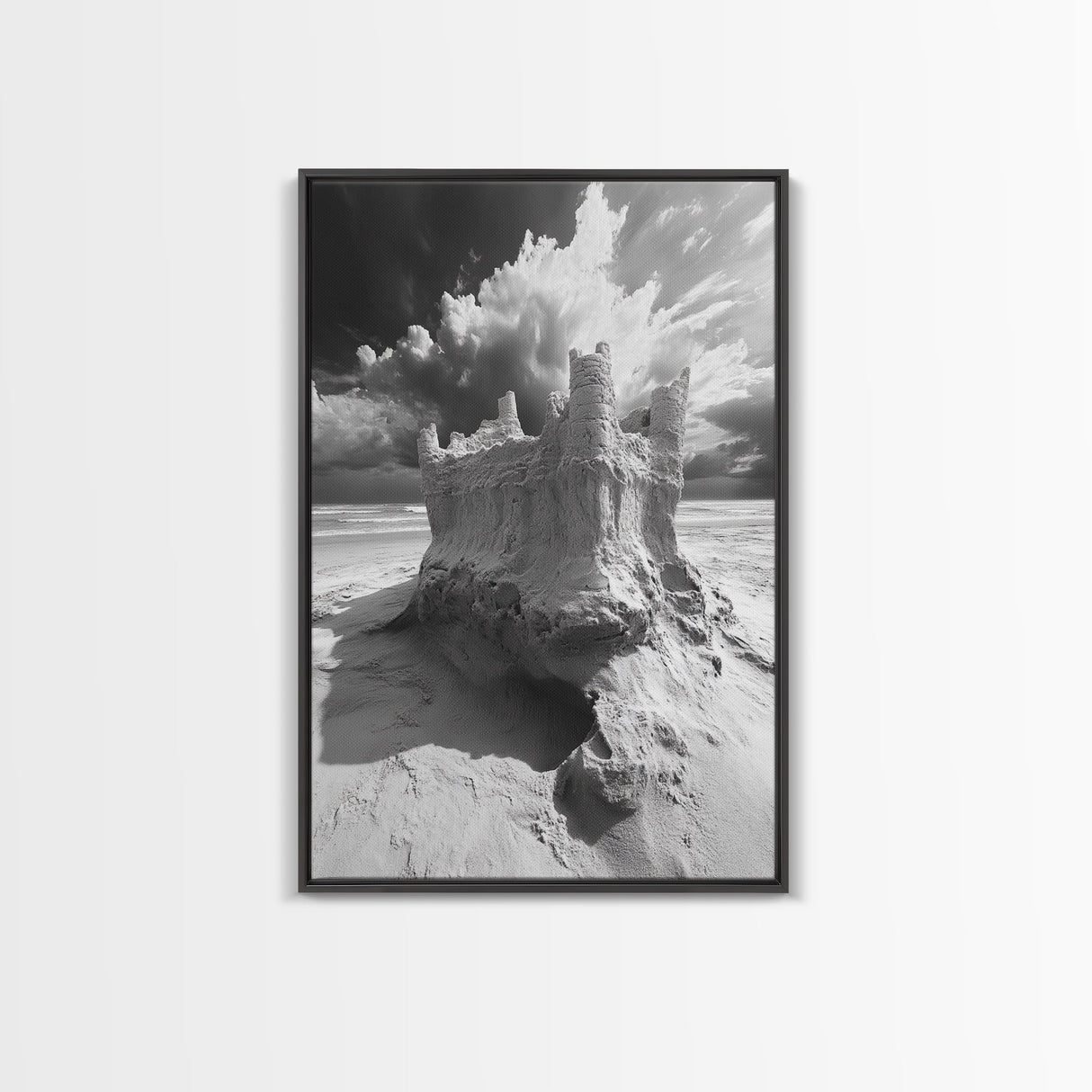 Sand Castle, Beach Fantasy, Dramatic Sky, Coastal Fortress, Framed Canvas Print, whimsical decor, kids room wall art, fairytale beach scene