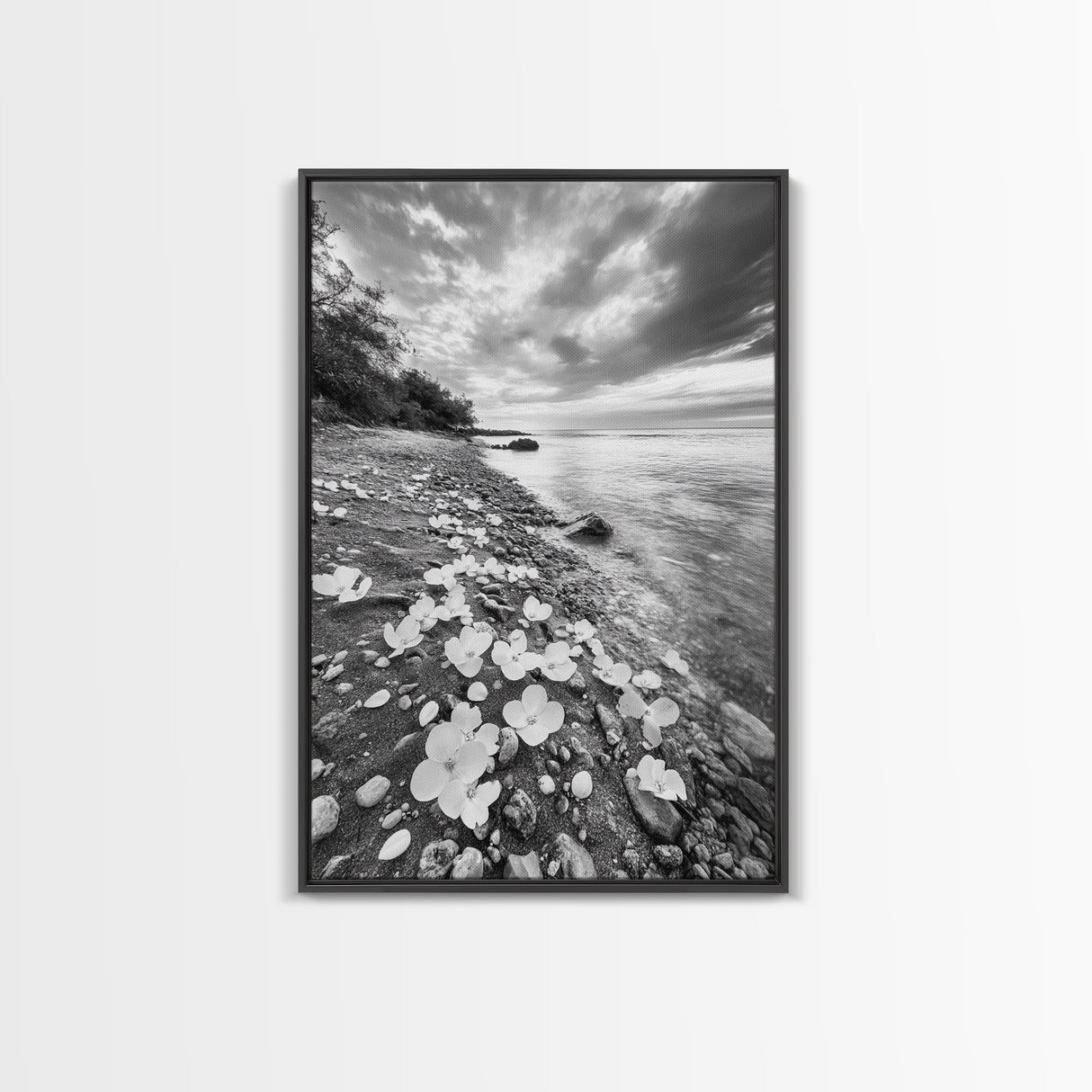 Flower Shore, Peaceful Beach, Moody Sky, Petal Scape, Framed Canvas Print, romantic beach art, bedroom decor, black and white floral print