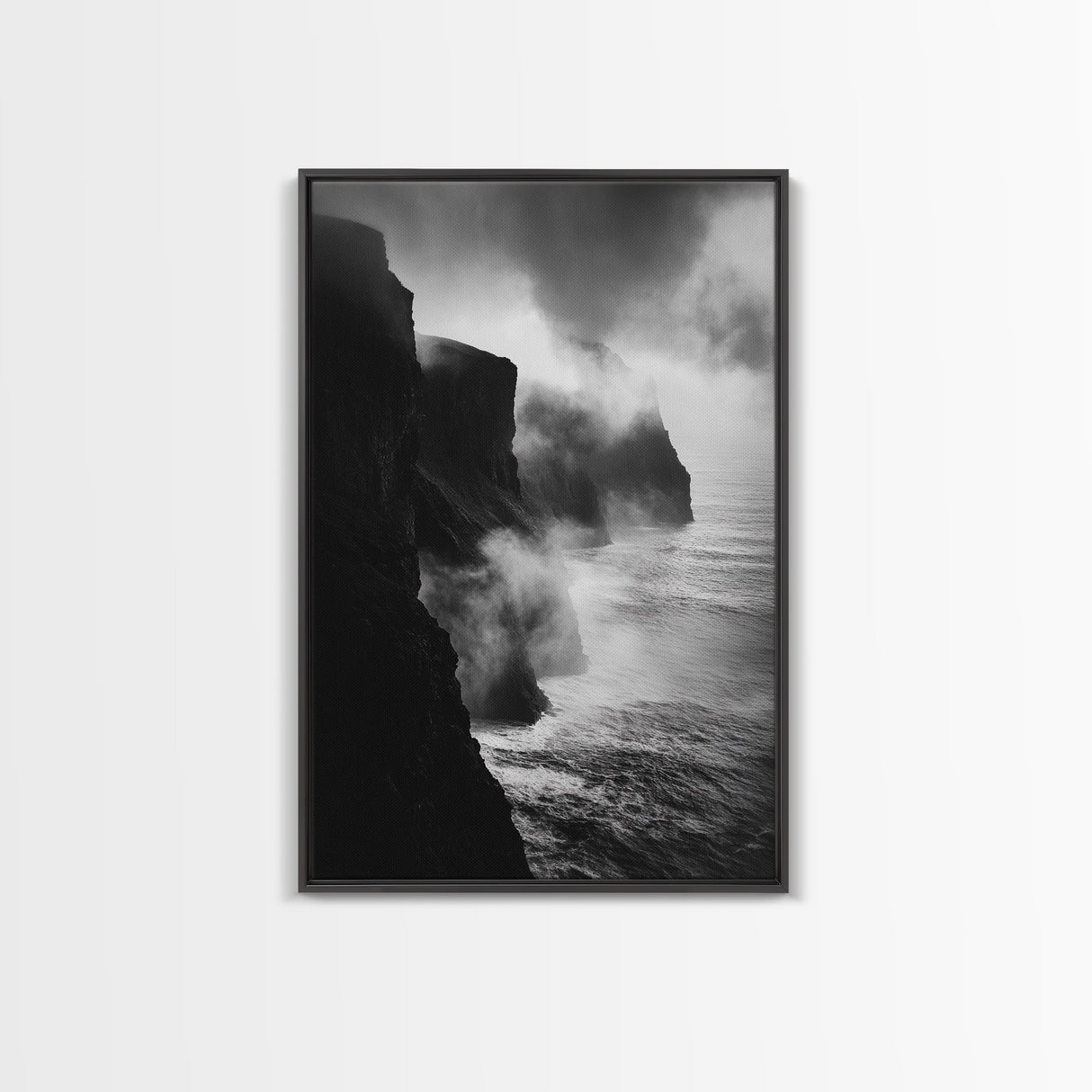 Stormy Cliffs, Ocean Fog, Monochrome Coast, Wild Nature Framed Canvas Print, moody wall art, rustic living room decor, dark aesthetic