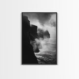 Stormy Cliffs, Ocean Fog, Monochrome Coast, Wild Nature Framed Canvas Print, moody wall art, rustic living room decor, dark aesthetic