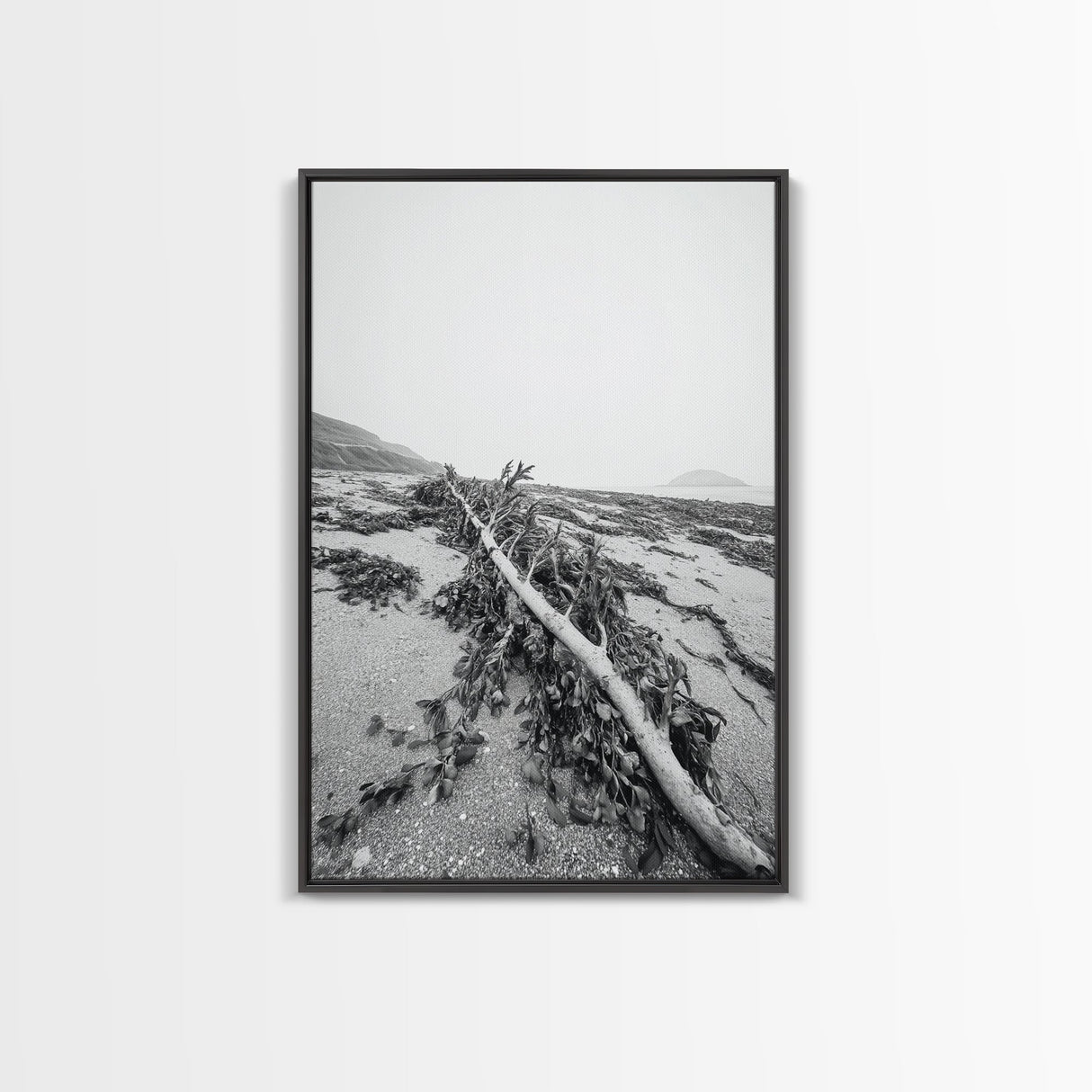 Seaweed Shoreline, Drifted Beauty, Coastal Debris, Tide Echo Framed Canvas Print, ocean nature wall art, minimalist beach decor